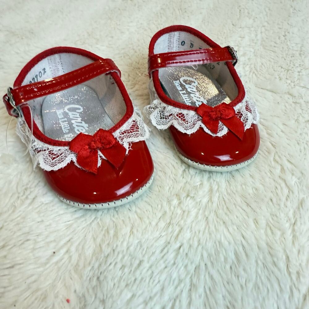 Vintage Carter's Red Baby Shoes Mary Janes Lace Bow Infant Newborn Girl 0